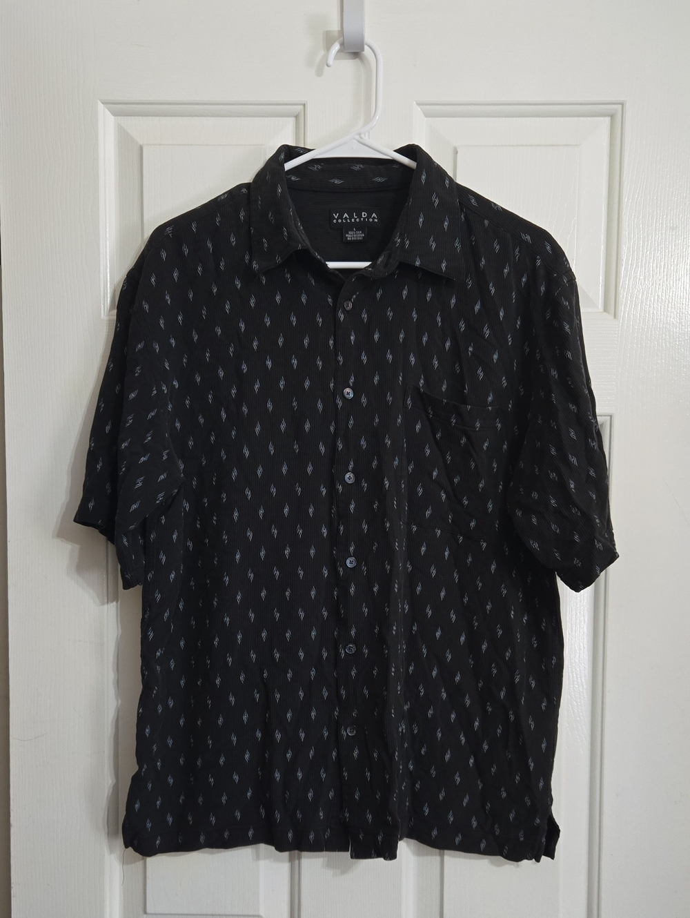 Black Short-Sleeve SILK Button-Down Shirt with Subtle Silver Motif